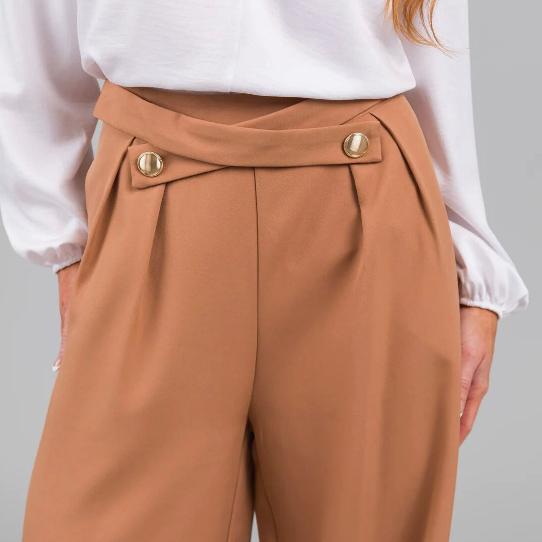 Pantalon Femme Large – Taille Haute – Boutons Décoratifs – Tissu Fluide – Longueur Totale