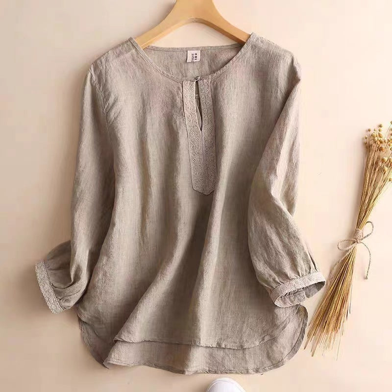 Chemise femme manches courtes – Coupe décontractée – Fibres naturelles – Col rond vintage