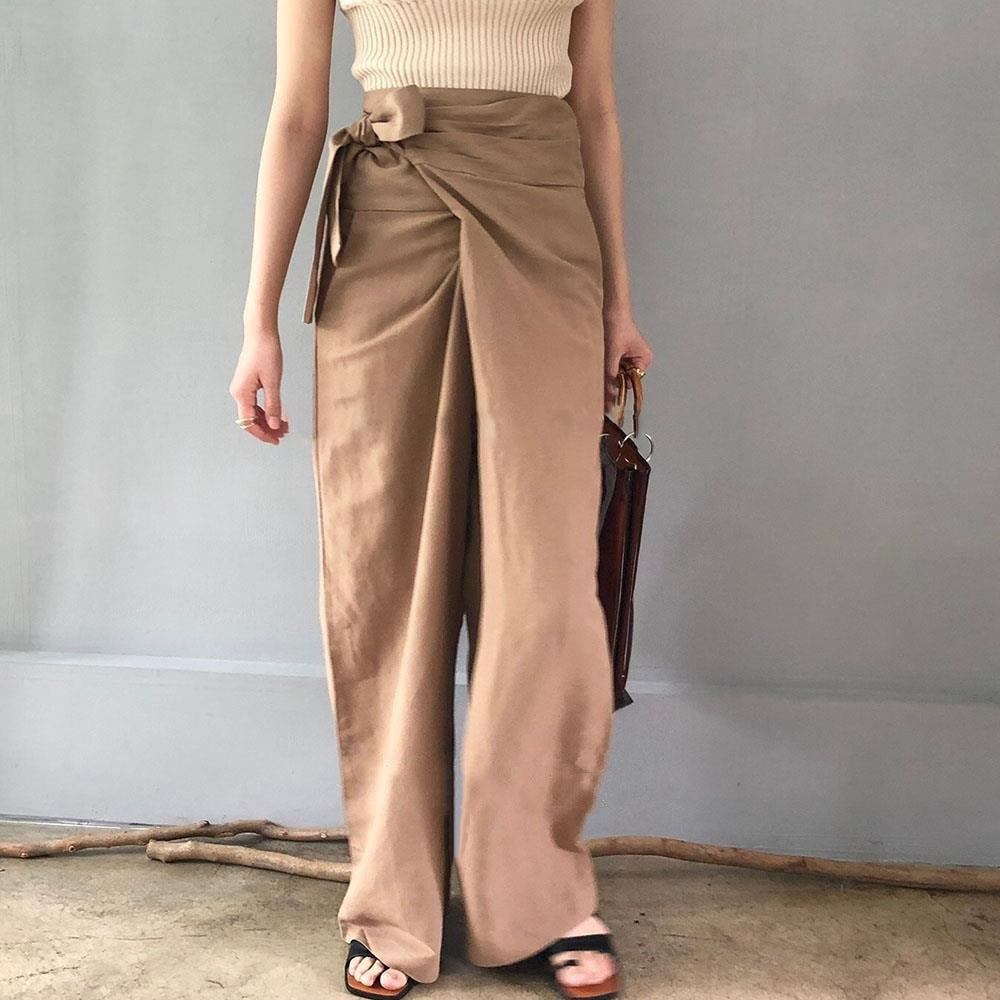 Pantalon femme large – Taille haute – Ceinture nouée – Tissu fluide – Longueur cheville