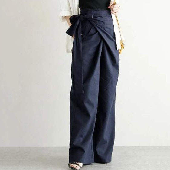 Pantalon femme large – Taille haute – Ceinture nouée – Tissu fluide – Longueur cheville