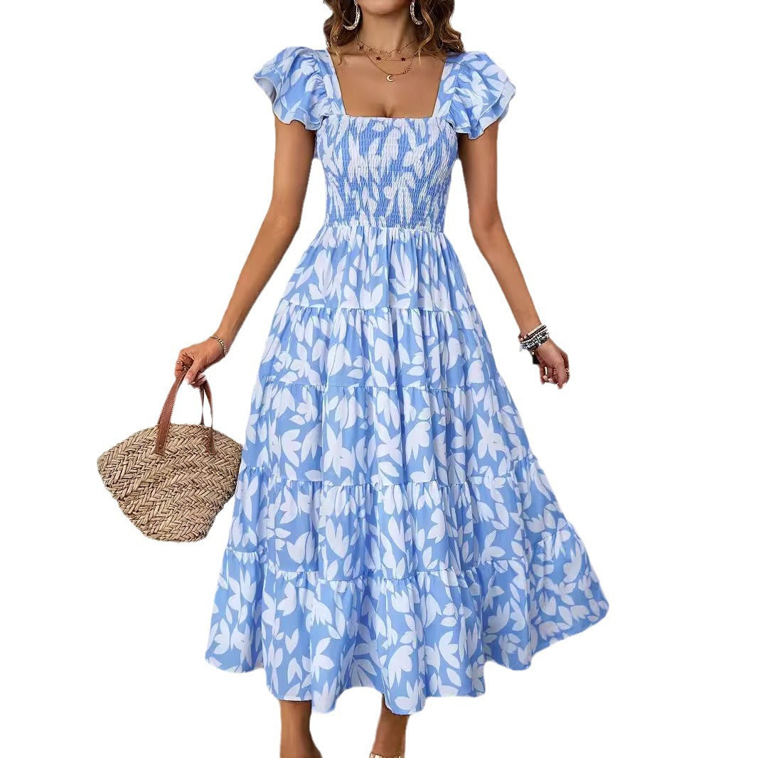 Women's long dress – Ruffled straps – Smocked bustier – Flowing flared cut
