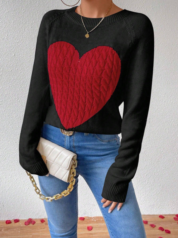 Women's Sweater – Soft Knit – Relaxed Fit – Heart Motif – Casual Round Neck