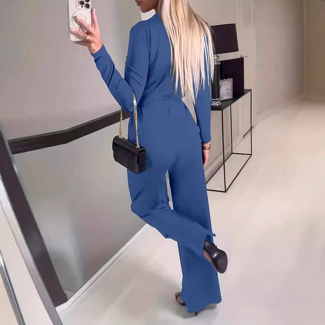 Women's jumpsuit – Elegant cut – Wrap neckline – Long sleeves – Wide leg