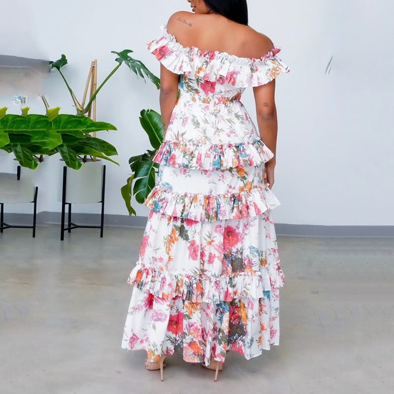 Women's Long Dress – Natural Fibers – Bare Shoulders – Layered Ruffles – Fluid Cut
