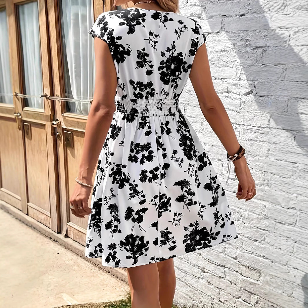 Women's flared dress – V-neck – Ruffled sleeves – Smocked waist – Lightweight fabric