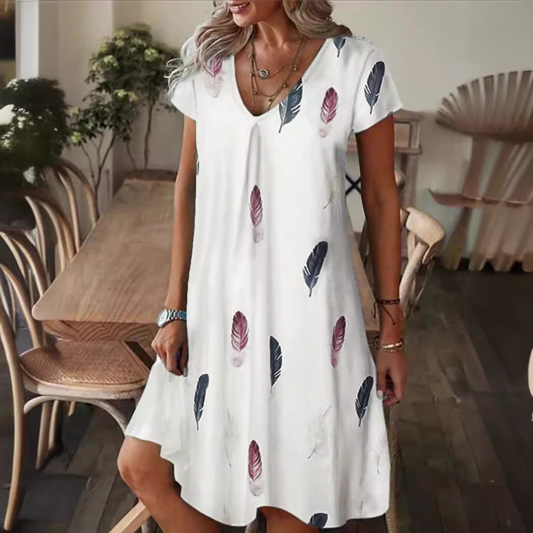 Women's dress – Loose fit – Floral pattern – V-neck – Short sleeves