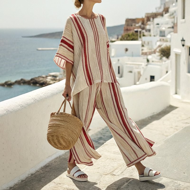 Casual Women's Set – T-Shirt Loose Fit and Wide Pants – Breathable Natural Fiber