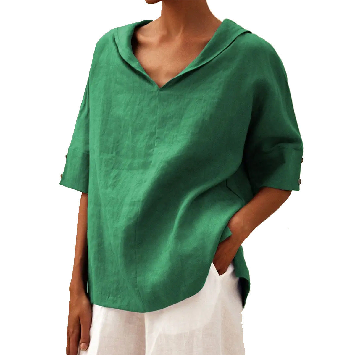 Women's top – Relaxed fit – Breathable fabric – V-neck – Mid-length sleeves