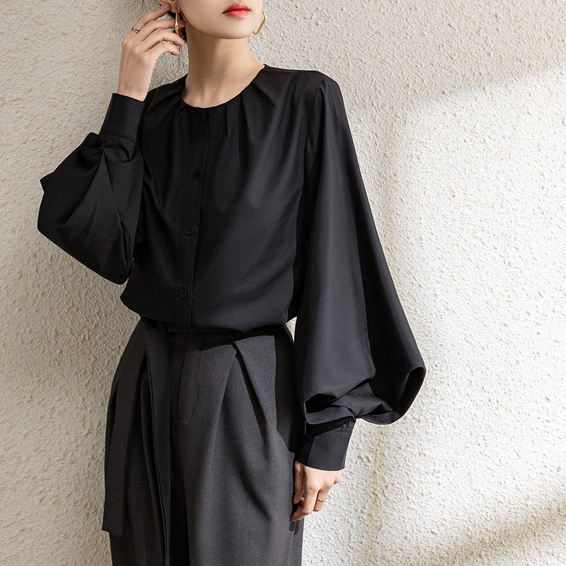 Blouse femme – Coupe ample – Manches lanterne – Col rond – Tissu fluide élégant