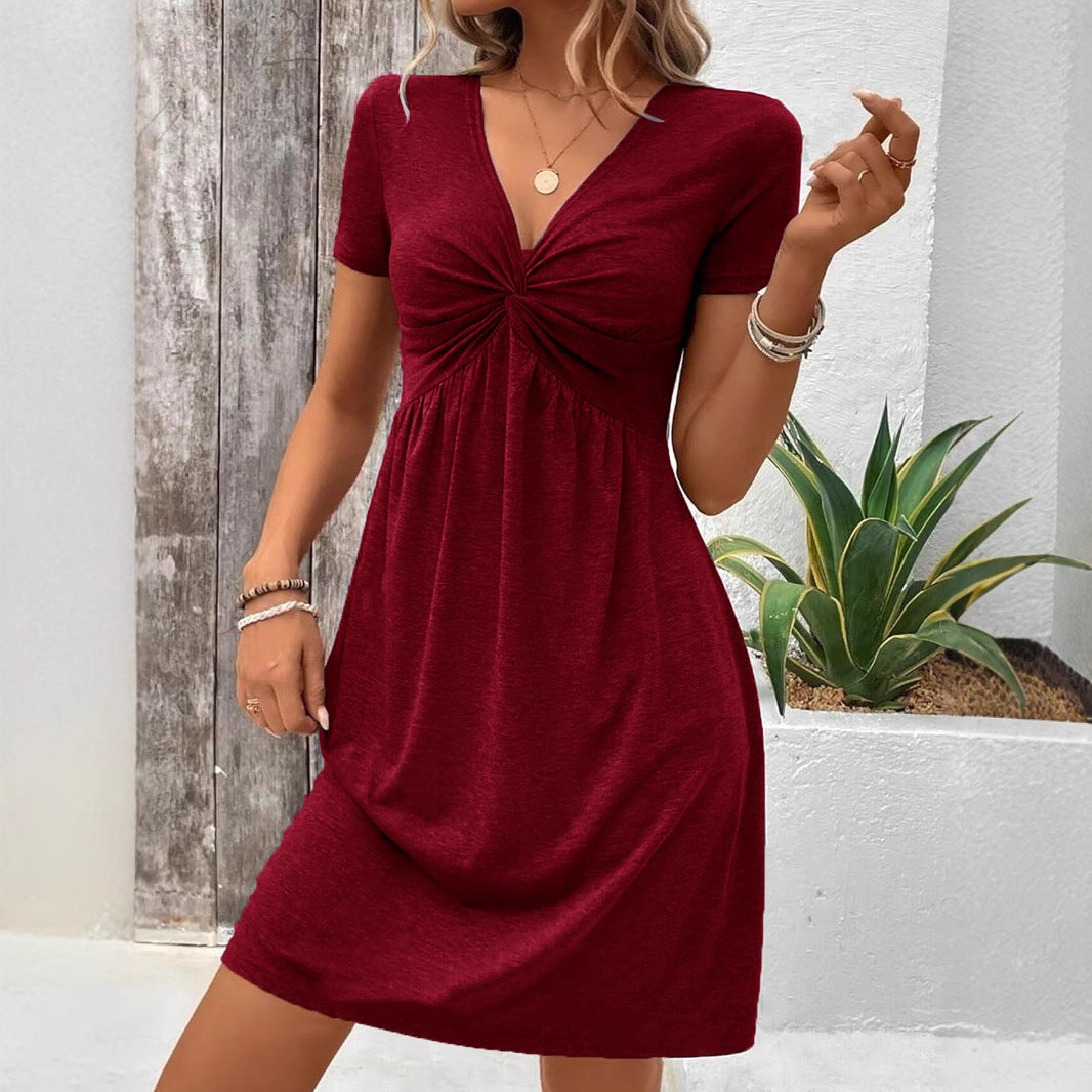 Women's Mid-Length Dress – Soft Knit – V-Neck – Short Sleeves – Ruched Detail