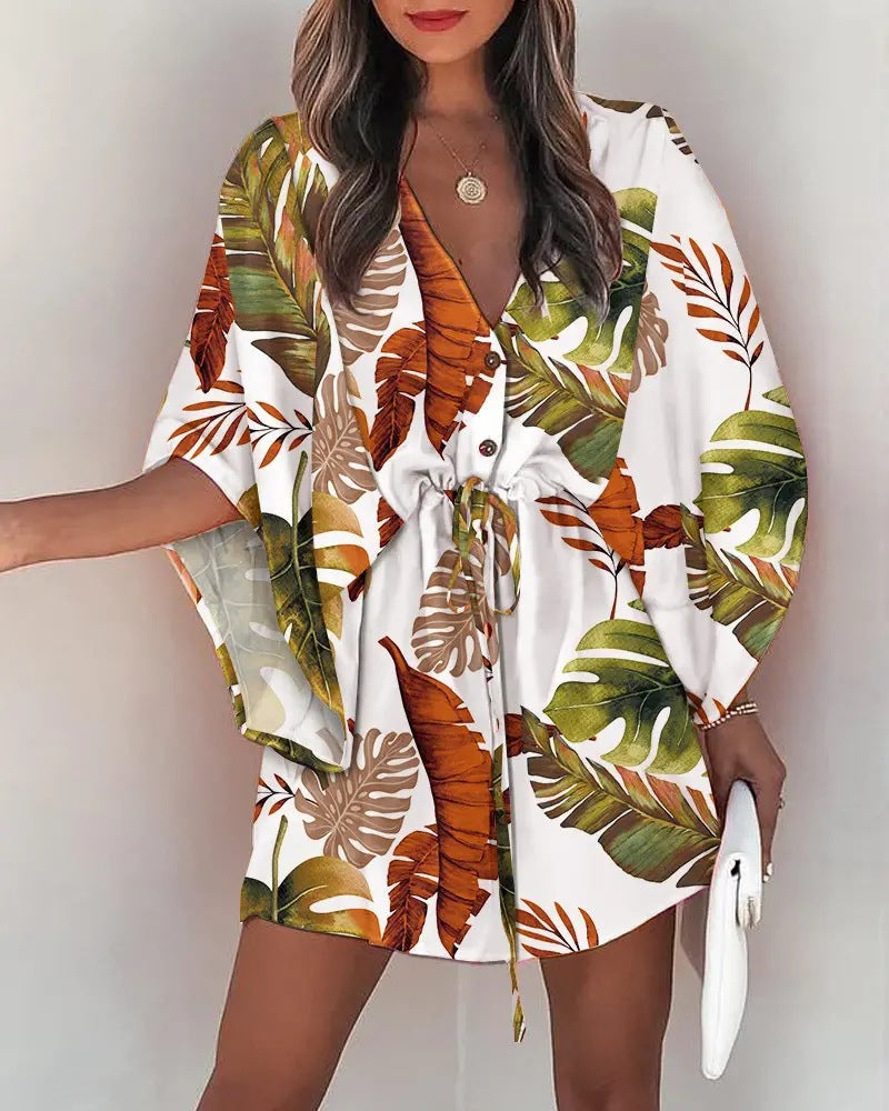 Women's Casual Dress – V-neck – Lace-up Waist – Ruffled Sleeves – Flowy Cut