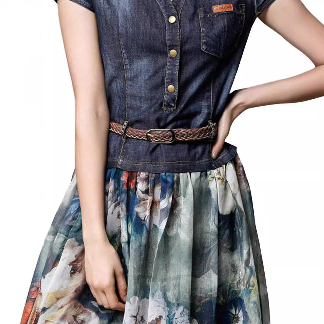 Long dress for women – Breathable fabric – Flowing cut – V-neck – Braided belt