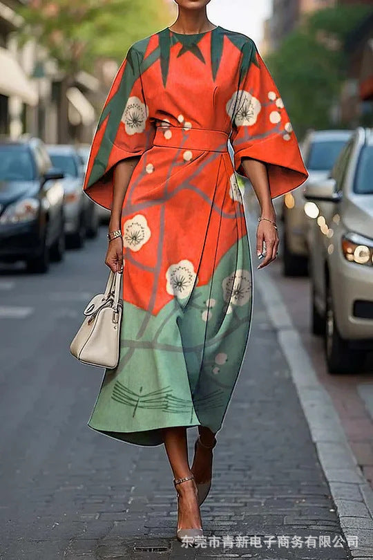 Robe midi femme – Tissu luxueux – Coupe évasée – Manches kimono – Imprimé floral