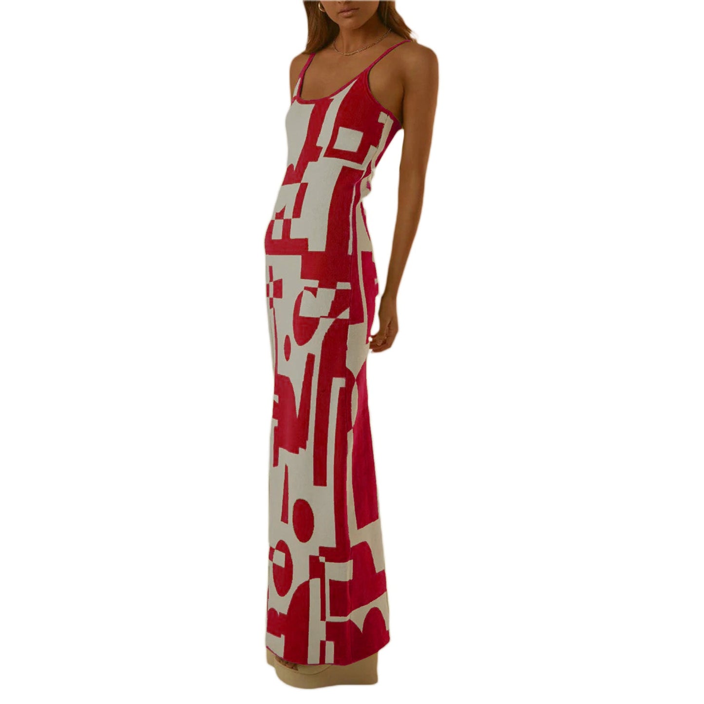 Robe Longue Femme – Coupe Près du Corps – Bretelles Fines – Imprimé Abstrait – Tissu Stretch