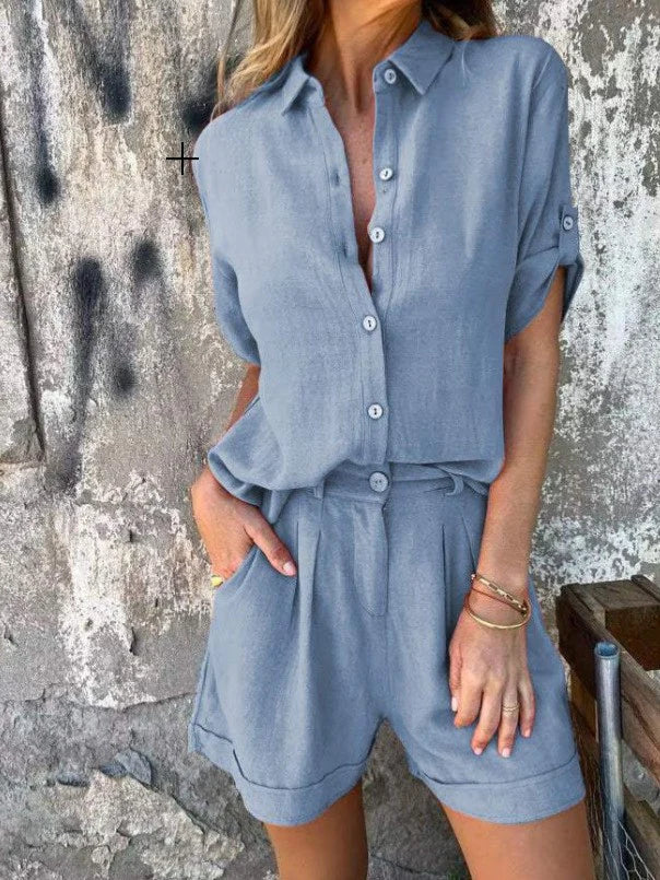 Jumpsuit for women – Relaxed fit – Breathable linen – Drawstring waist – Short sleeves