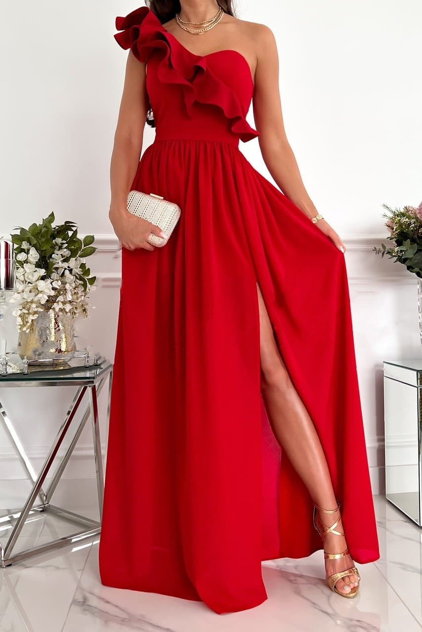 Robe de soirée femme – Satin lisse – Une épaule – Volant – Fente haute élégante