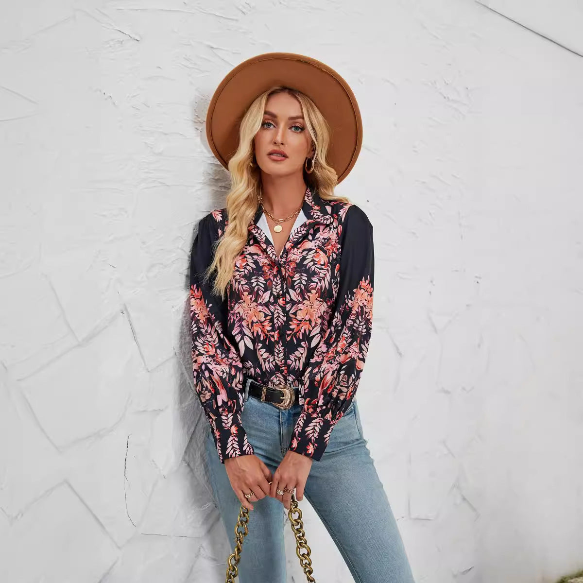Blouse femme – Coupe décontractée – Tissu léger – Manches longues – Imprimé fleuri