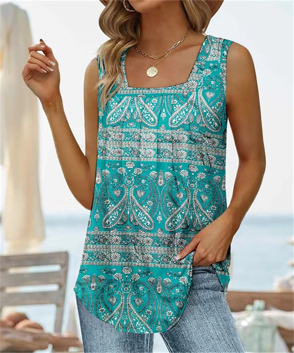 Women's Tank Top – Relaxed Fit – Square Neck – Floral Print – Breathable Fabric