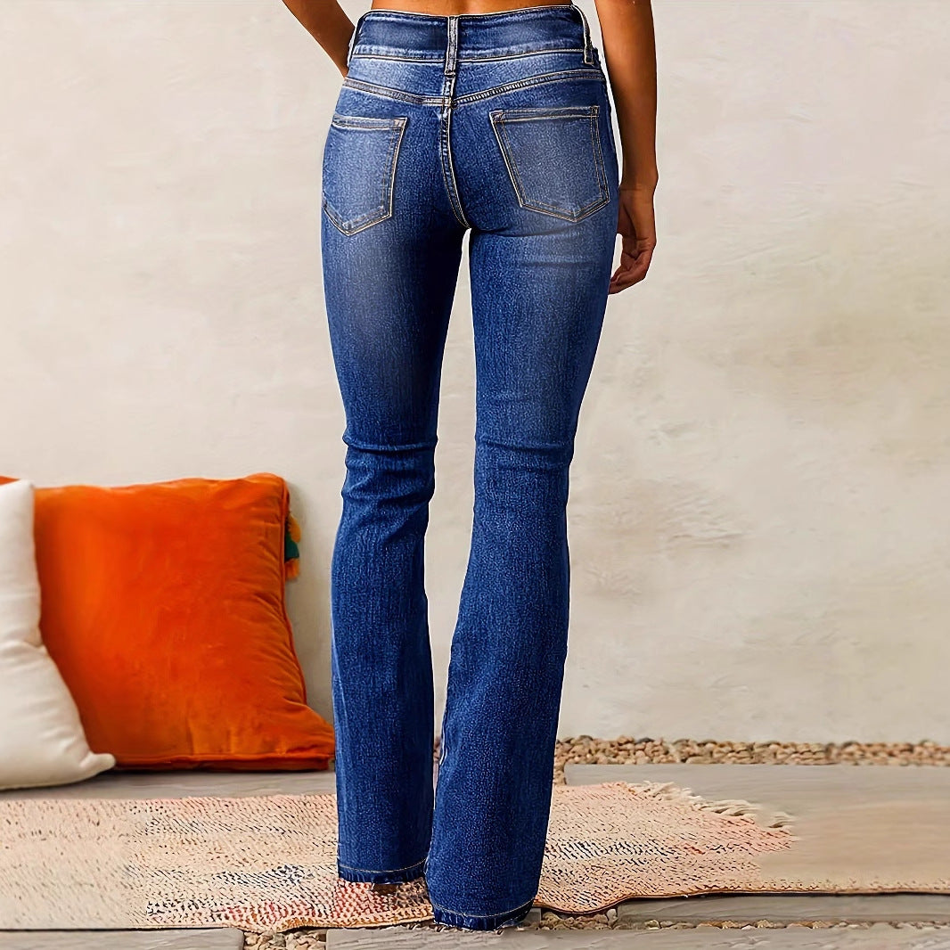 Jean évasé femme – Taille haute – Denim stretch – Coupe rétro – Longueur cheville