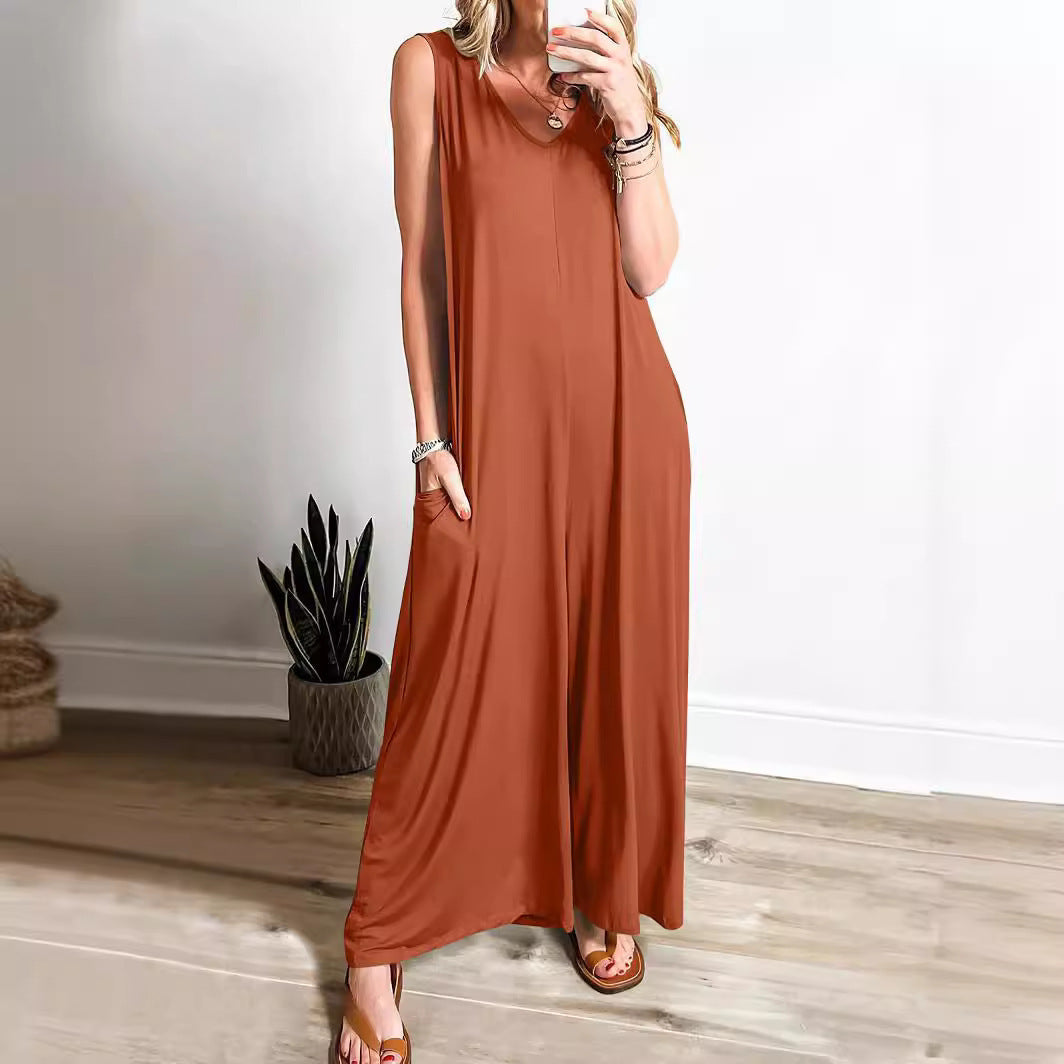 Women's long dress – Flowing fit – Sleeveless – V-neck – Side pockets
