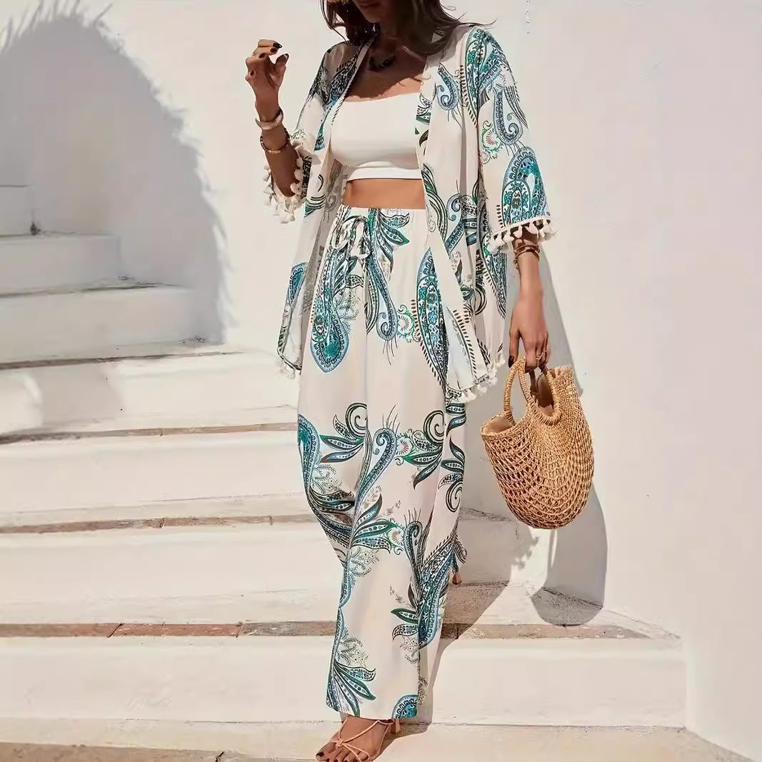 Women's Kimono Set – Relaxed Fit – Paisley Pattern – Breathable Fabric – Drawstring Waist