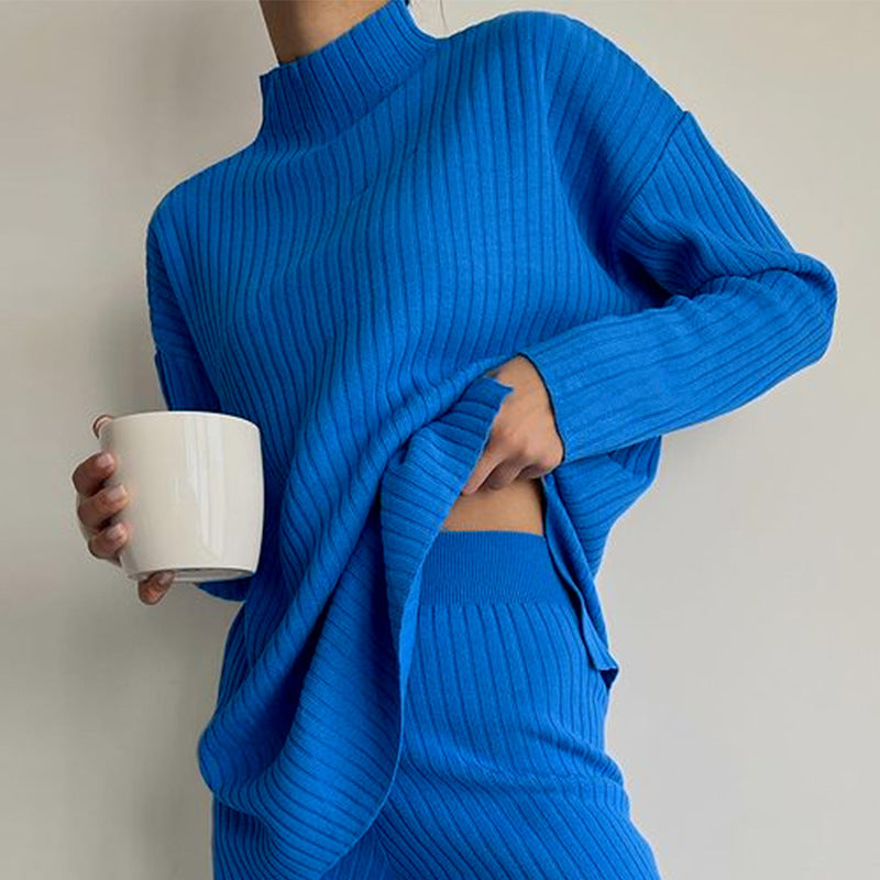 Ensemble Femme – Maille Côtelée – Coupe Ample – Col Montant – Pantalon Large