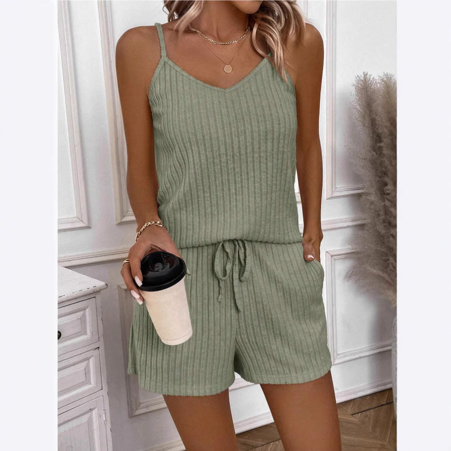 Women's Two-Piece Set – Relaxed Fit – Soft Ribbed Knit – Adjustable Straps