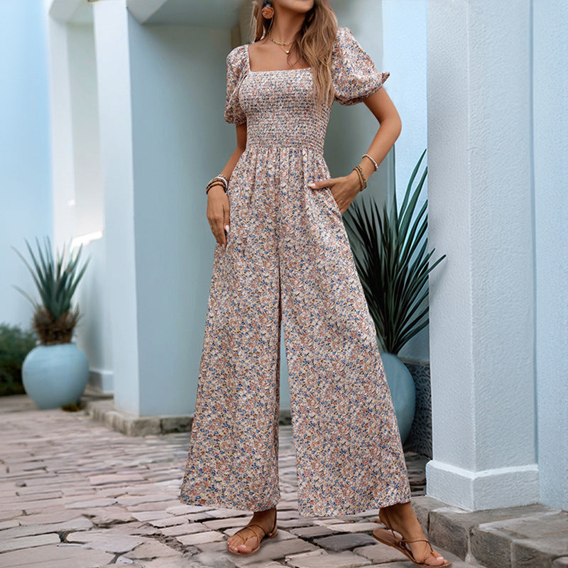Women's Jumpsuit – Smocked Bodice – Puff Sleeves – Wide Leg – Floral Print