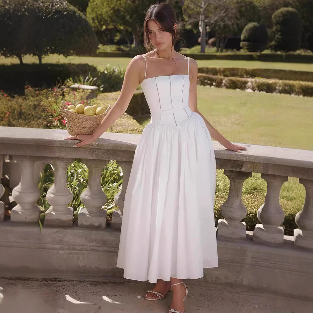 Robe femme midi – Coupe ajustée – Coton doux – Col carré – Bretelles fines