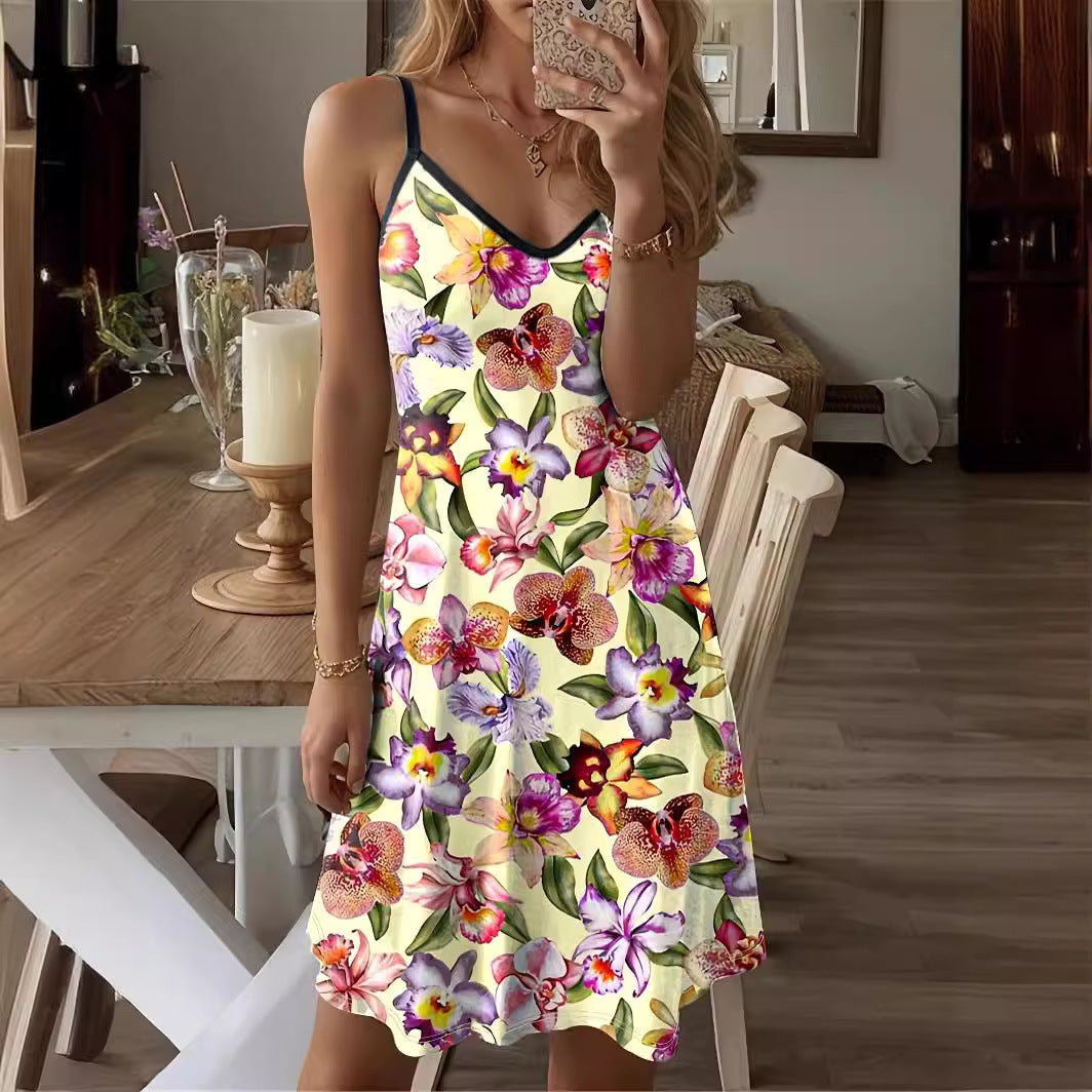 Robe courte femme – Coupe évasée – Bretelles fines – Décolleté en V – Imprimé fleuri