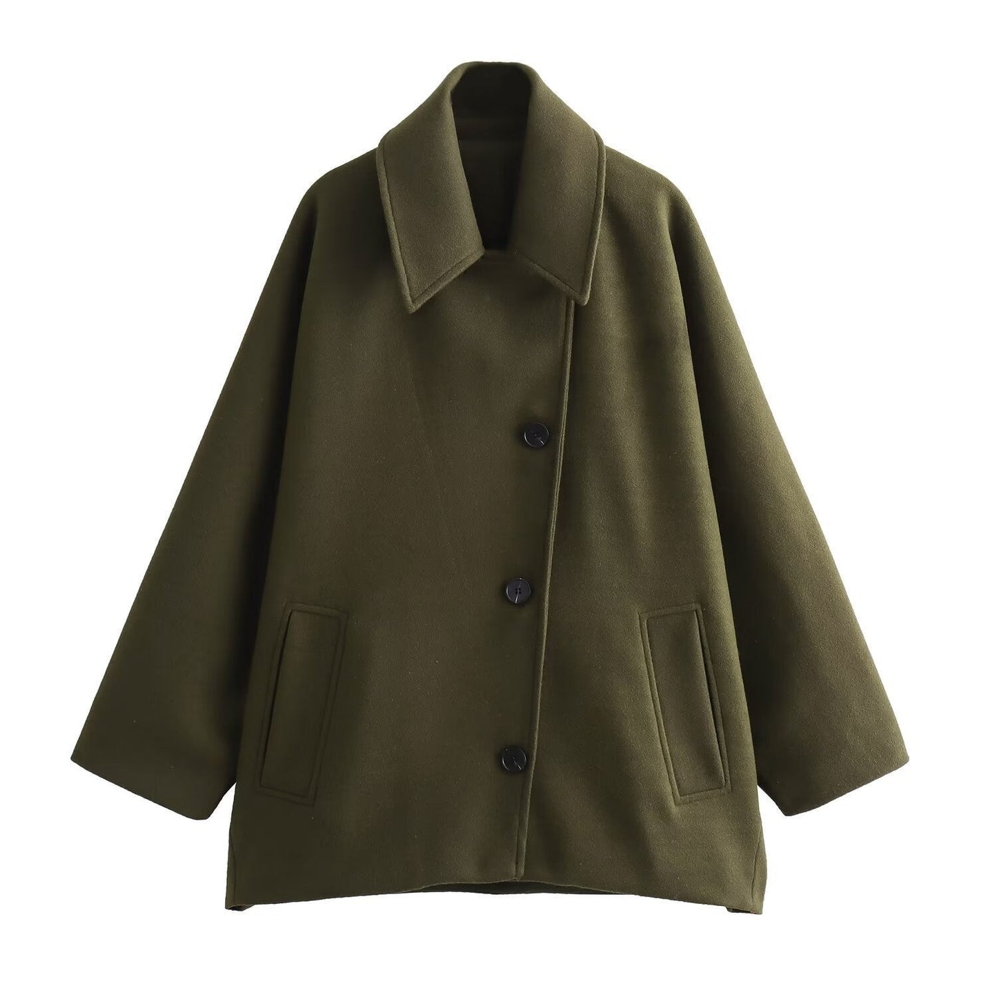 Veste en laine femme – Coupe oversize – Col large – Boutonnage avant – Poches plaquées