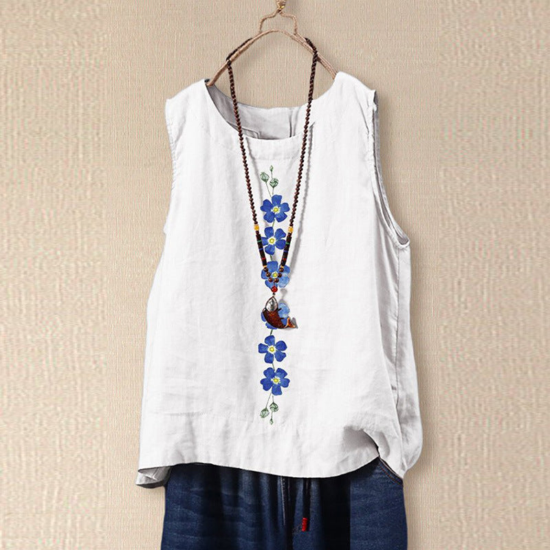 Women's sleeveless blouse – Relaxed fit – Natural fibers – Floral embroidery