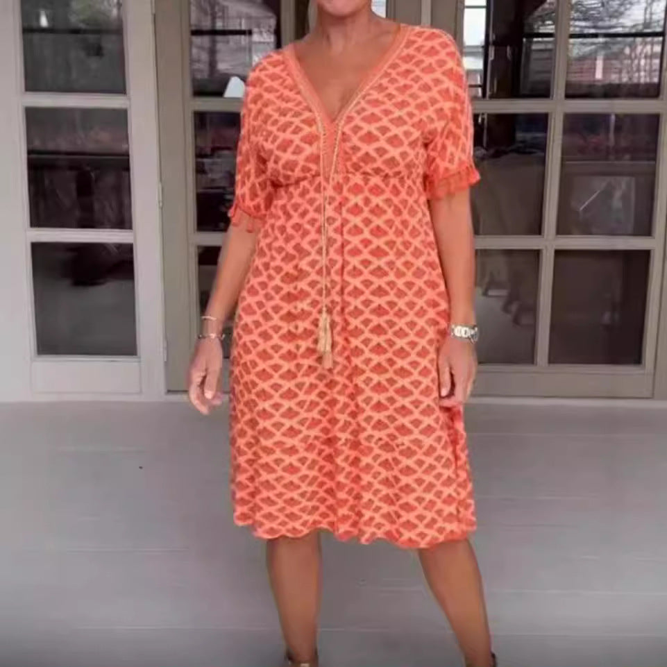 Women's midi dress – Relaxed fit – V-neck with ties – Fringed sleeves – Geometric print