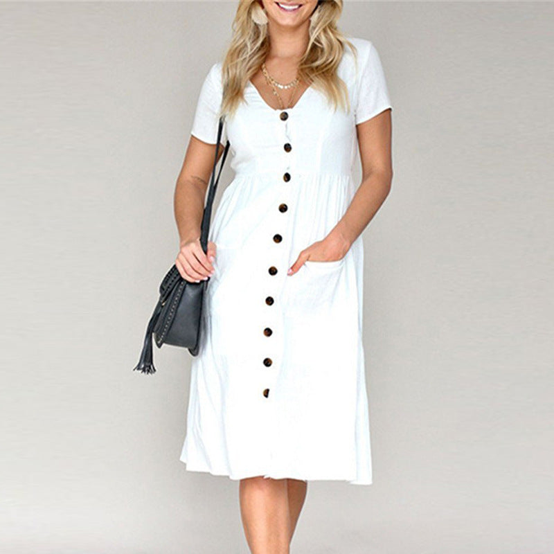 Women's flared dress – Buttoned front – Short sleeves – Breathable fabric – Midi length