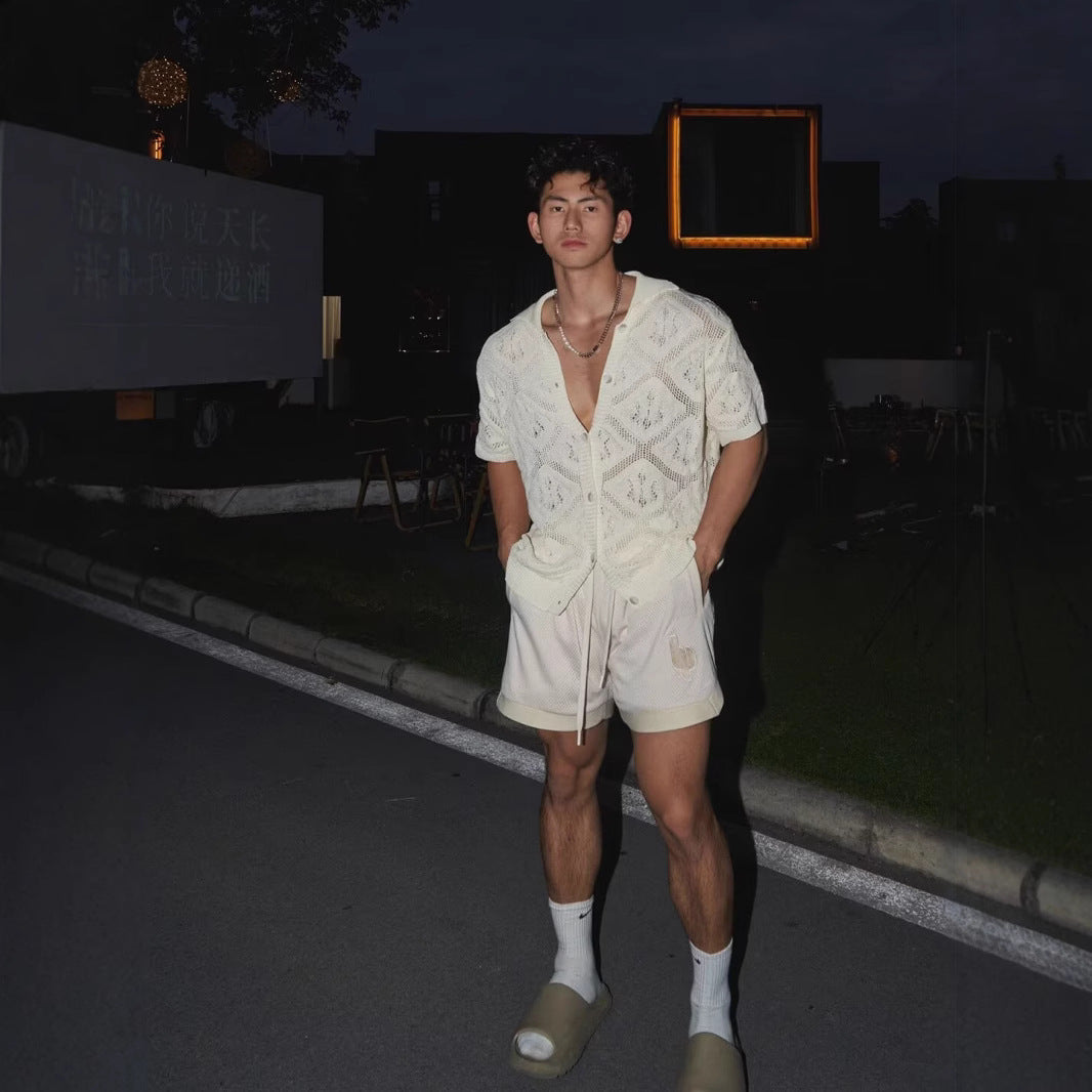 Cardigan for men – Breathable openwork knit – Oversized fit – Short sleeves – V neck