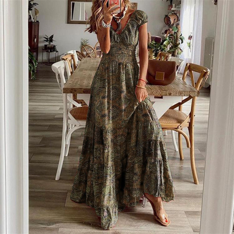 Robe longue femme – Encolure V – Manches courtes – Taille smockée – Jupe à volants