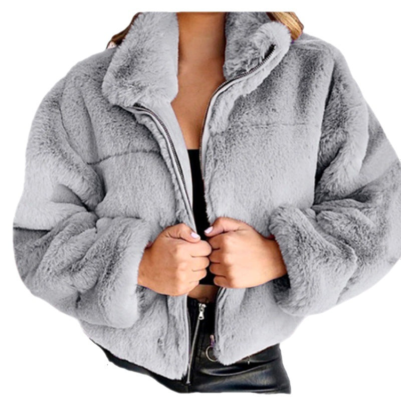 Women's cardigan coat – Faux fur – Oversize cut – Zip-up stand collar