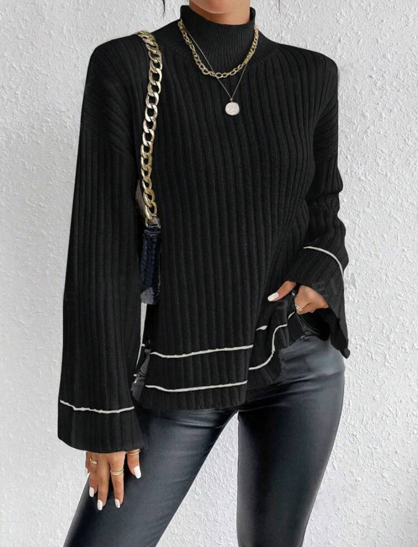Pull femme en maille – Coupe oversize – Col montant – Manches longues – Rayures contrastées