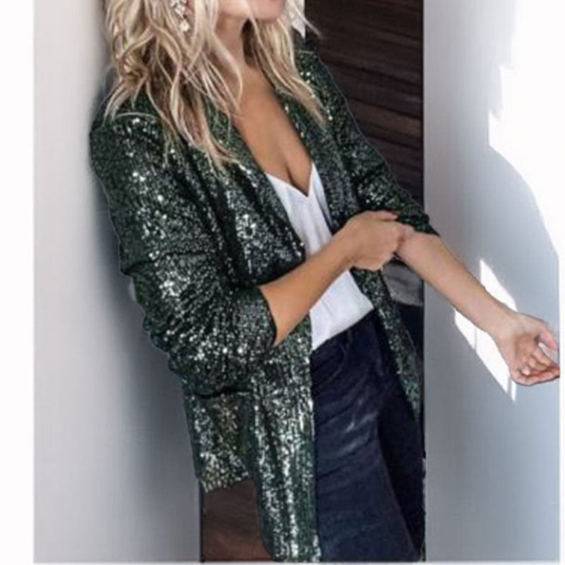 Blazer femme – Coupe cintrée – Sequins brillants – Manches longues – Sans fermeture