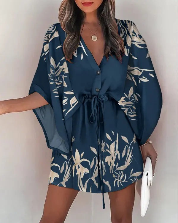 Women's Casual Dress – V-neck – Lace-up Waist – Ruffled Sleeves – Flowy Cut
