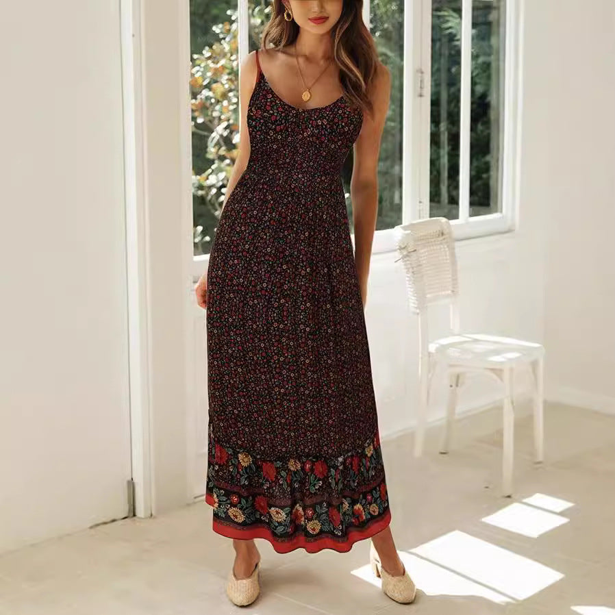 Robe longue femme – Coupe fluide – Imprimé fleuri – Bretelles fines – Style bohème