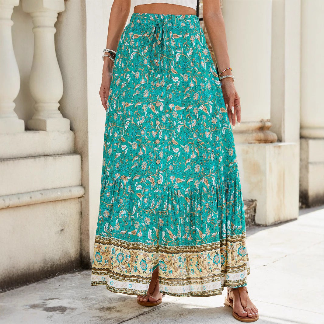 Women's long skirt – Fluid cut – Bohemian style – Floral print – Natural fibers
