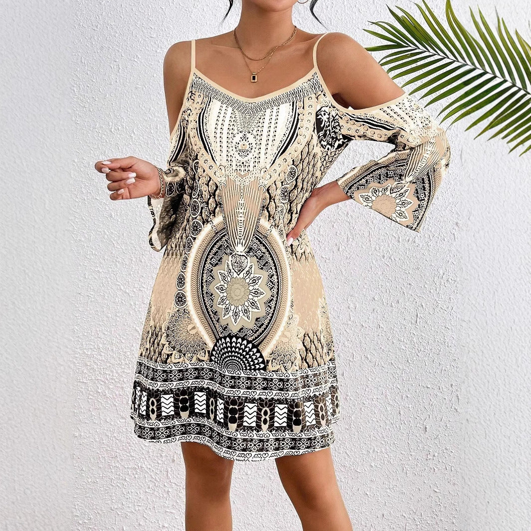 Women's Midi Dress – Bare Shoulders – Mid-length Sleeves – Breathable Fabric – Fluid Cut