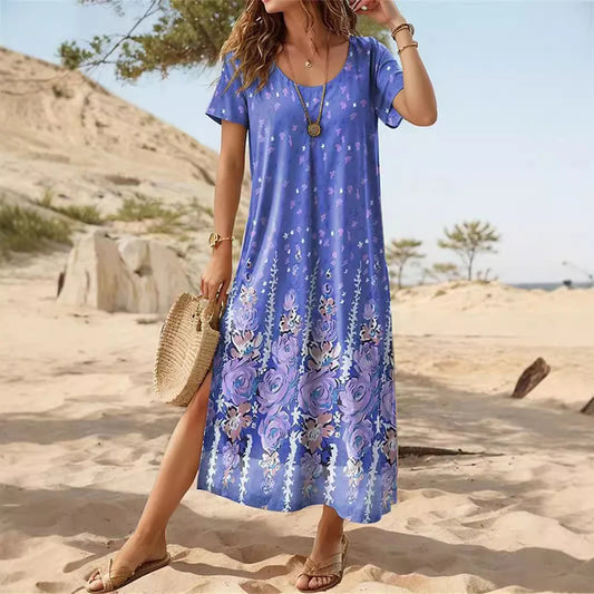 Women's long dress – Relaxed fit – Short sleeves – Floral print – Cotton
