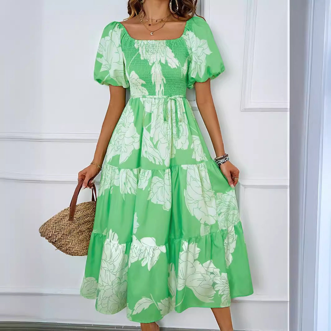 Women's midi dress – Bare shoulders – Puff sleeves – Flared flowing cut