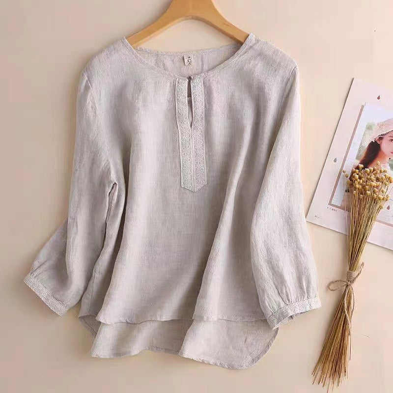 Chemise femme manches courtes – Coupe décontractée – Fibres naturelles – Col rond vintage