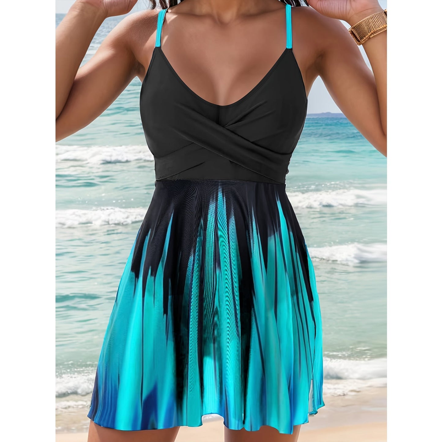 Women's swim dress – Flared cut – Wrap design – Adjustable straps