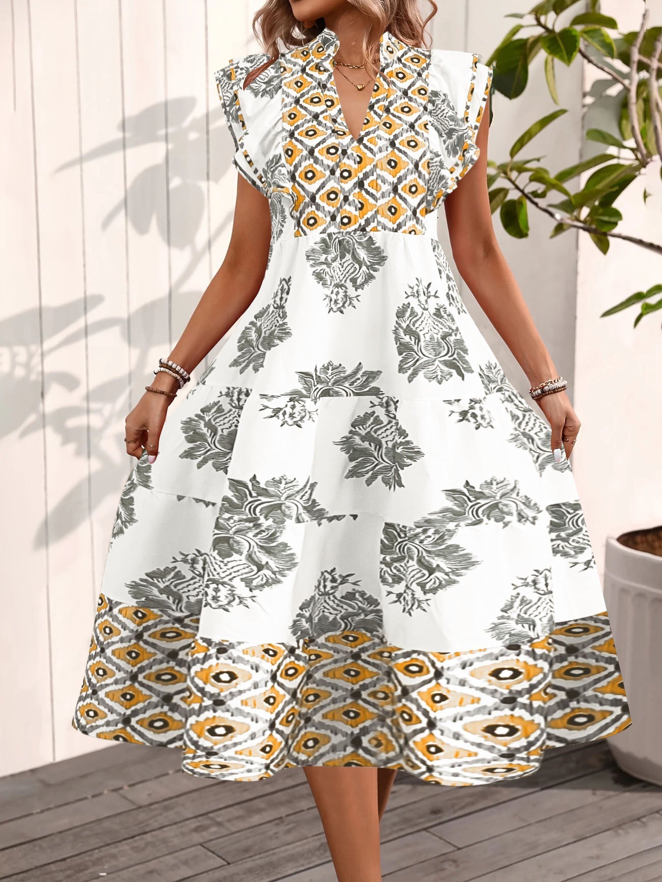 Robe midi femme – Coupe décontractée – Col en V – Manches courtes volants – Imprimée