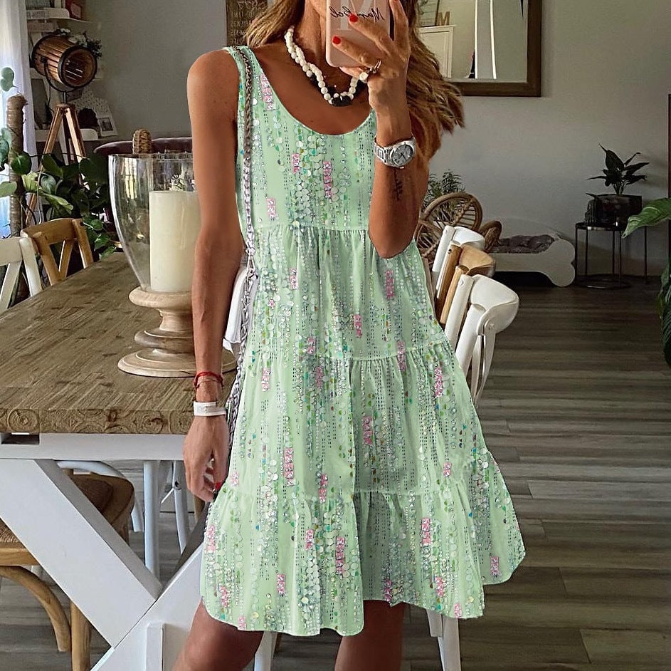 Women's sleeveless dress – Flowing cut – Round neck – Ruffles