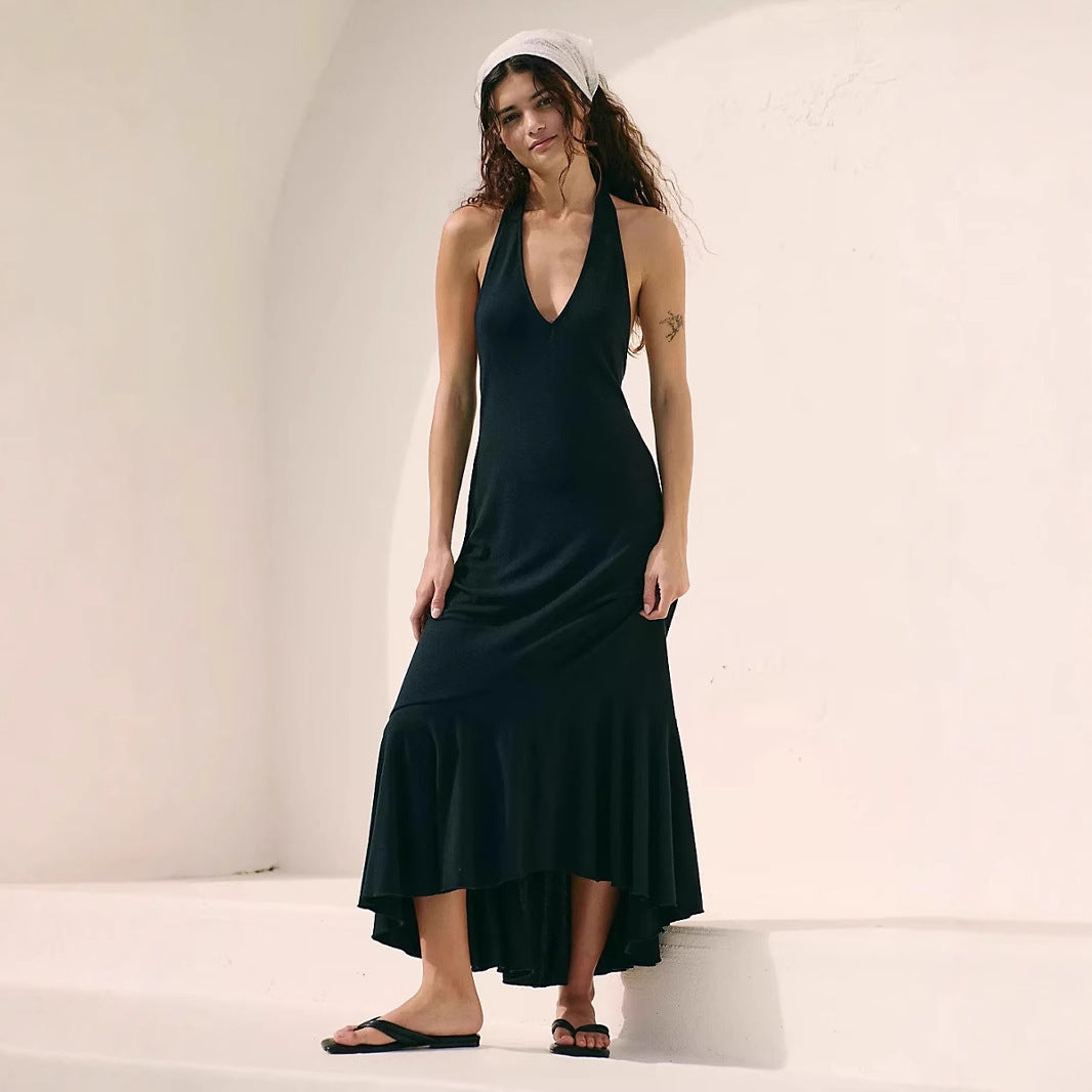 Robe longue femme – Coupe fluide – Décolleté en V – Halter – Ourlet asymétrique